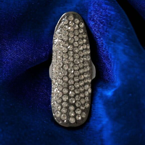 Crystal Rhinestone Knuckle Ring Long Large Gunmetal Clear Statement Sz 9 Chunky. - Picture 1 of 16